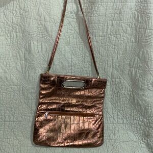 DUE FRATELLI Golden Bronze Croc Embossed Genuine Leather Convertible Satchel